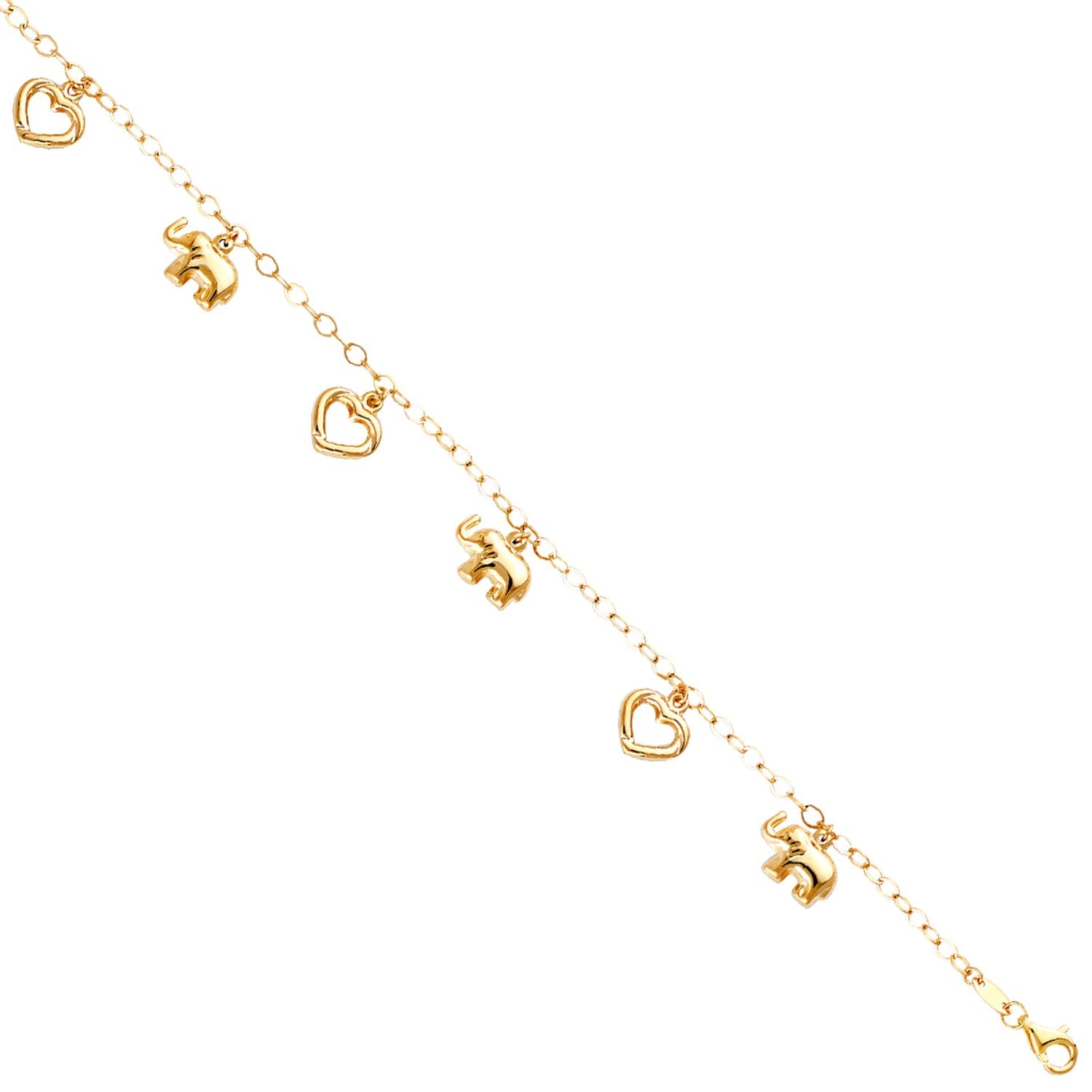 14KY Hanging Elephant + Heart Bracelet 7 + 1