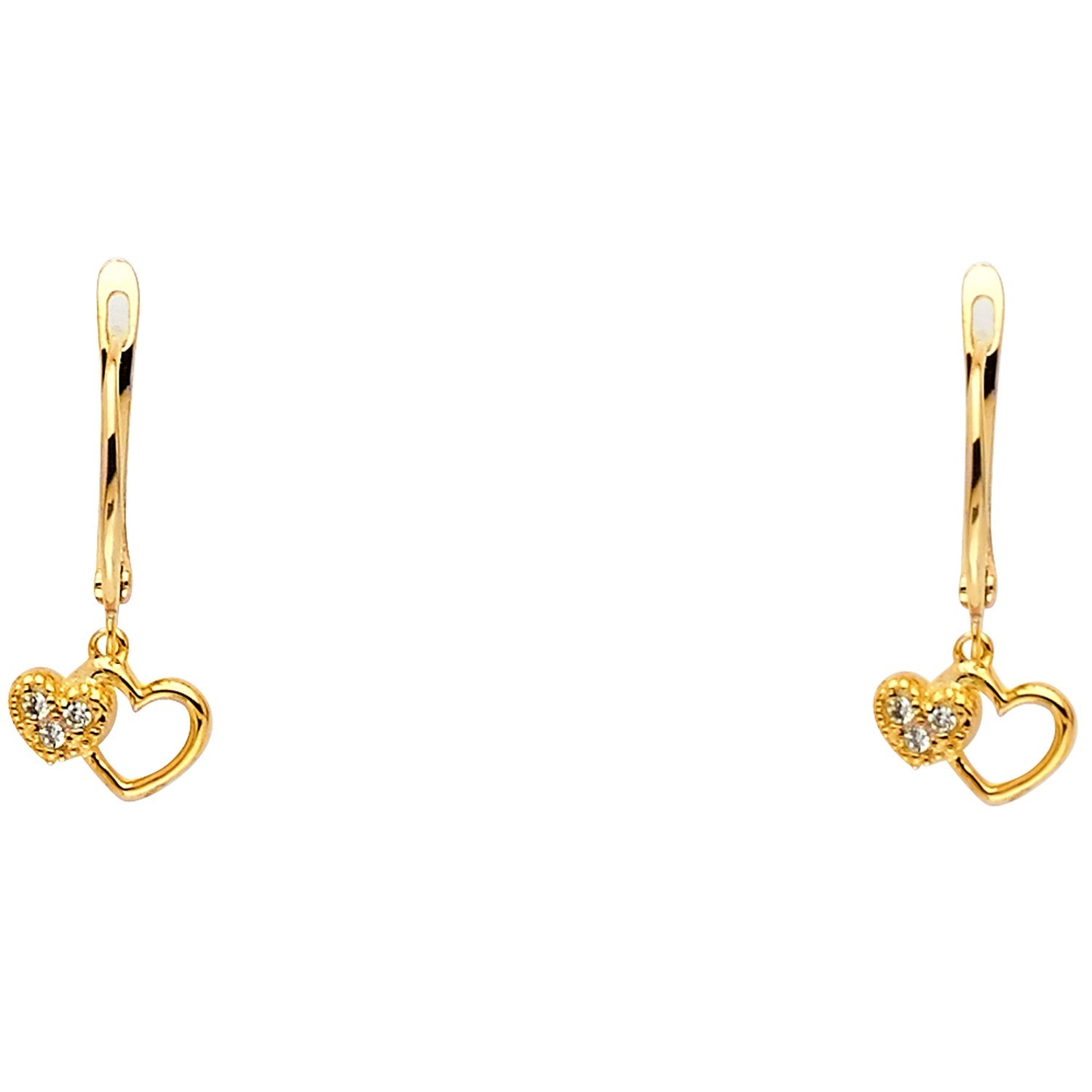 14KY CZ 2 HEARTS HANGING EARRING