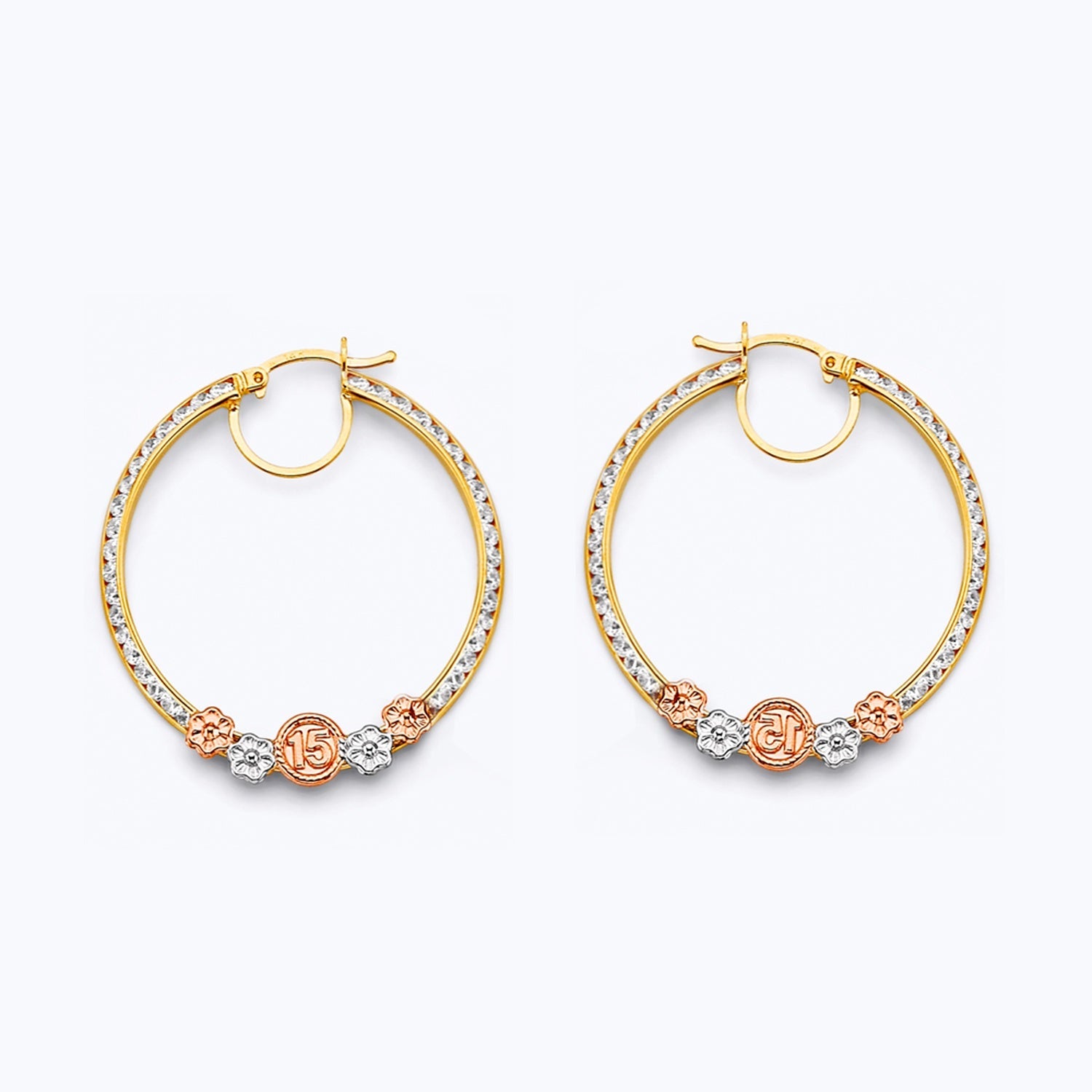 14K 3C CZ 15 Years Flower Hoop Earring