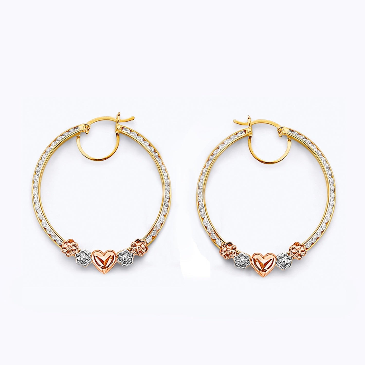 14K 3C CZ Flower & Heart Hoop Earring