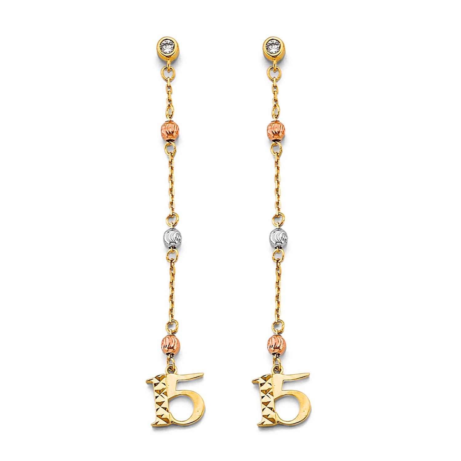 14K 3C Hanging CZ Ball 15 Years Earring