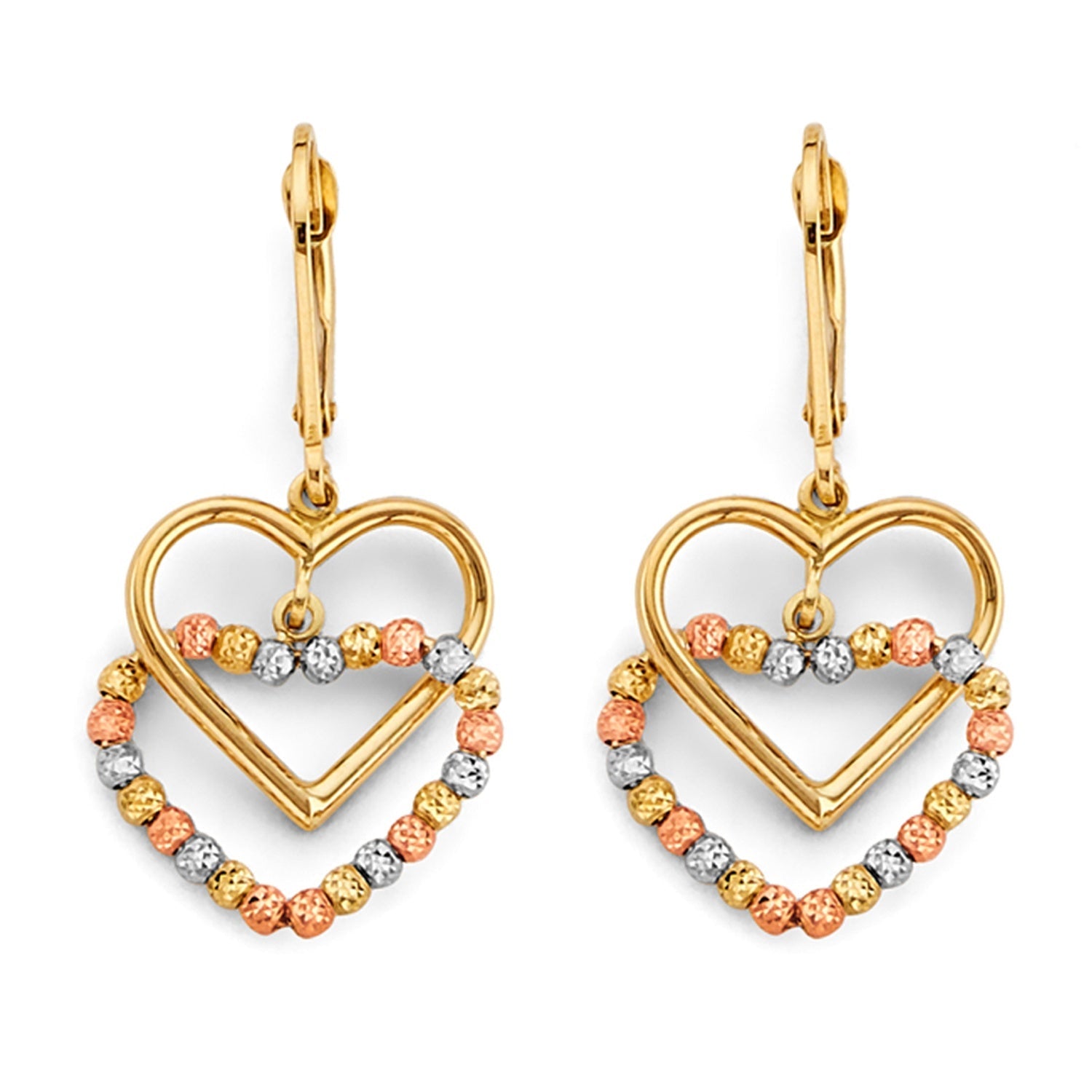 14K 3C Hanging Double Heart Bead Earring