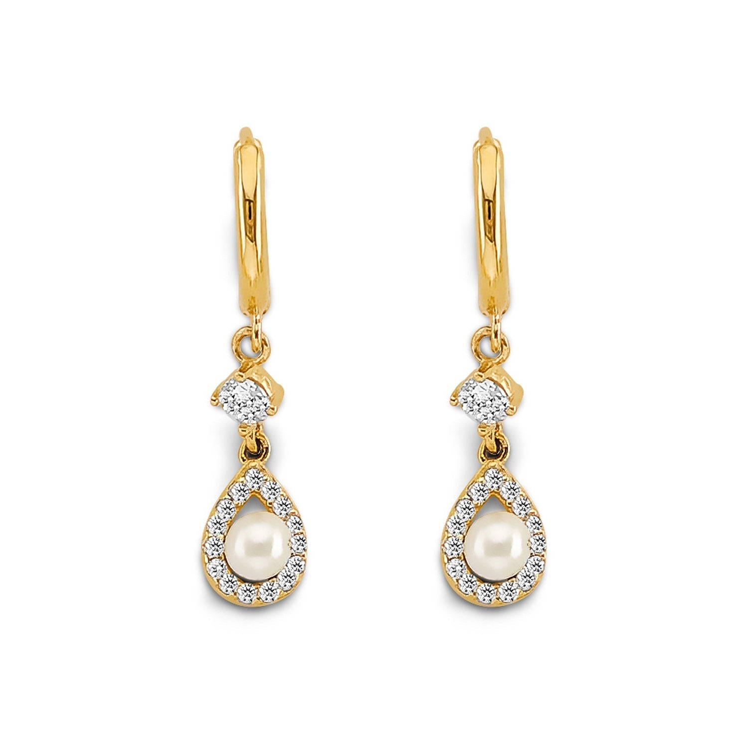 14KY CZ Pearl Hanging Huggies Earring