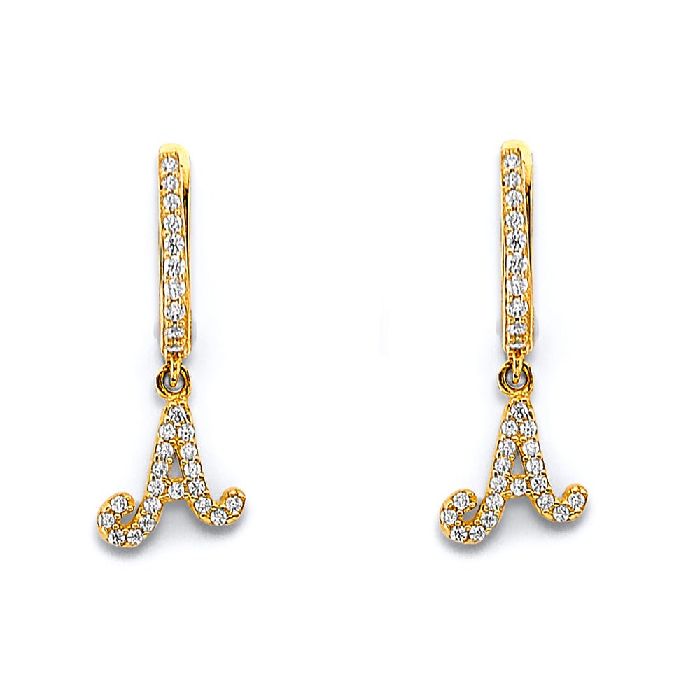 14K 2T CZ Hanging Initial Huggies Earring W