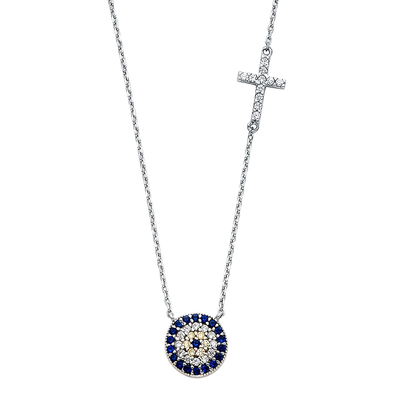 14KW CZ EVIL EYE & CROSS NECKLACE