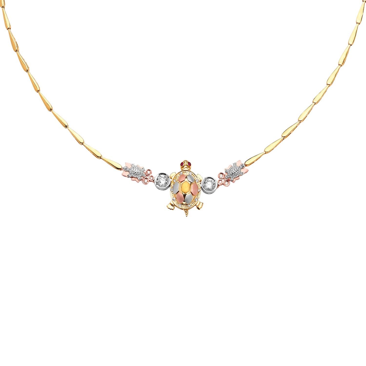 14K 3Color CZ Turtle Necklace