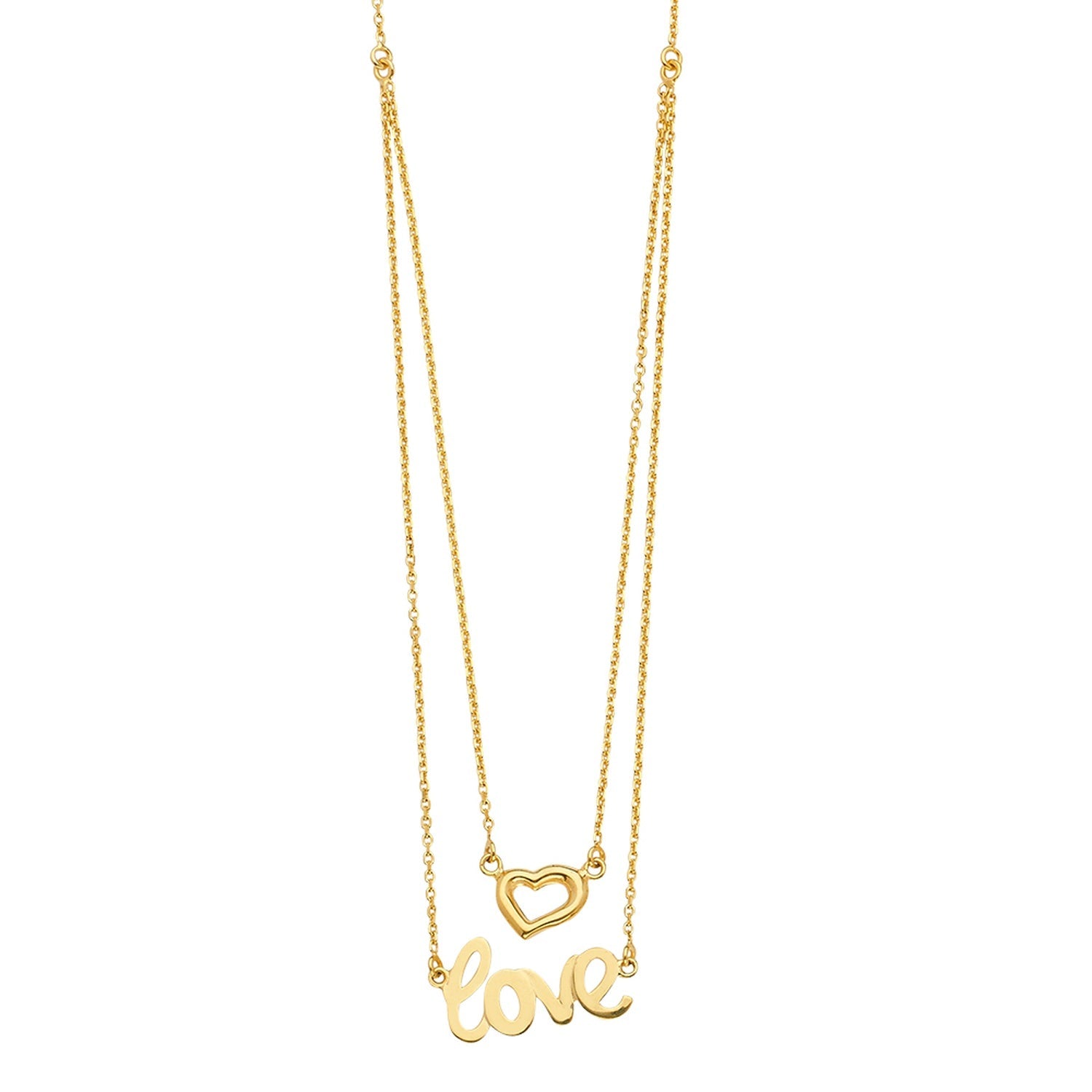14KY 2Lines Chain Necklace w/Heart+Love