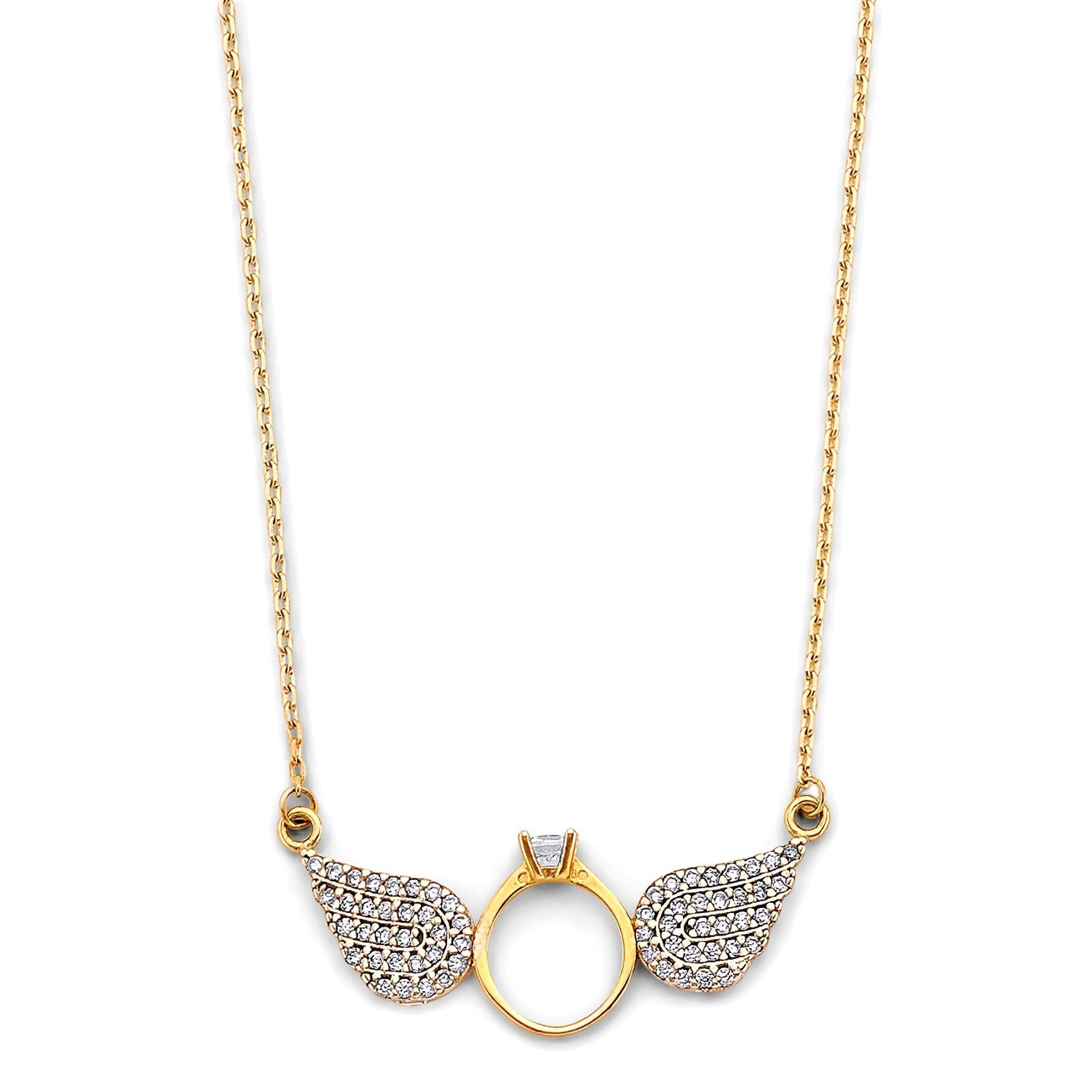 14K 2T Double Angel CZ Wing Necklace