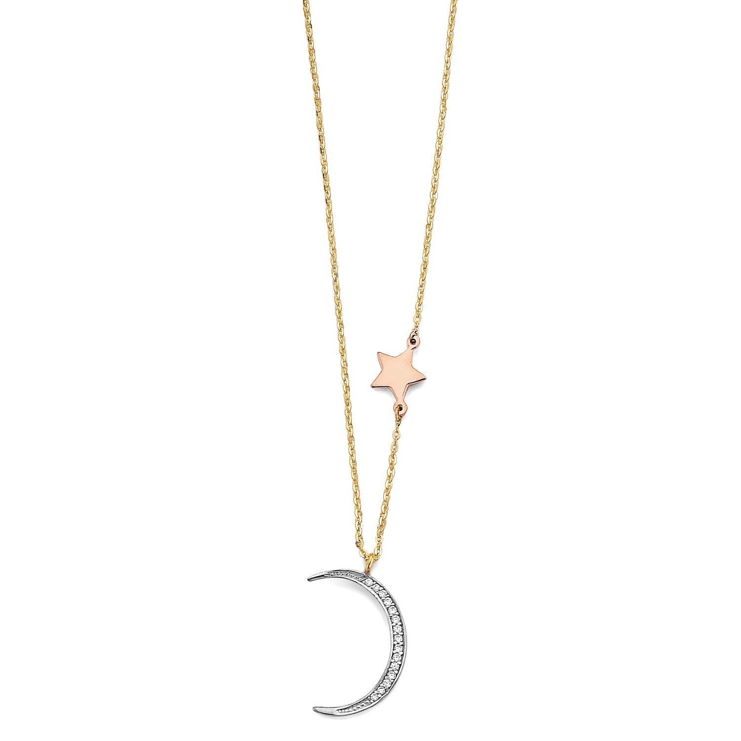 14K 3C CZ Moon and Star Necklace