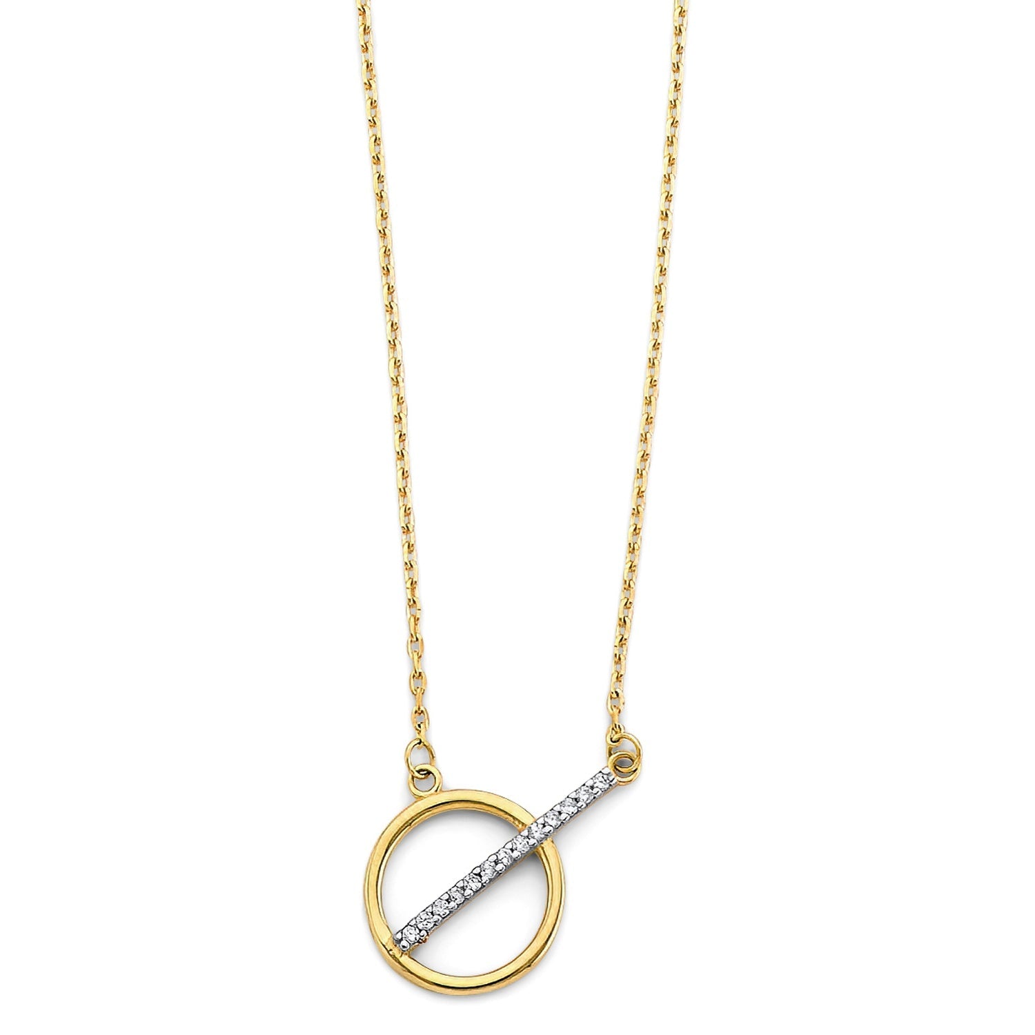 14K 2T CZ Bar Circle Necklace