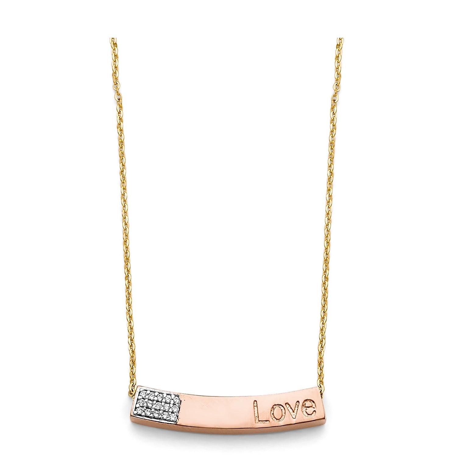 14K 3C CZ Curved Love Pink Bar Necklace