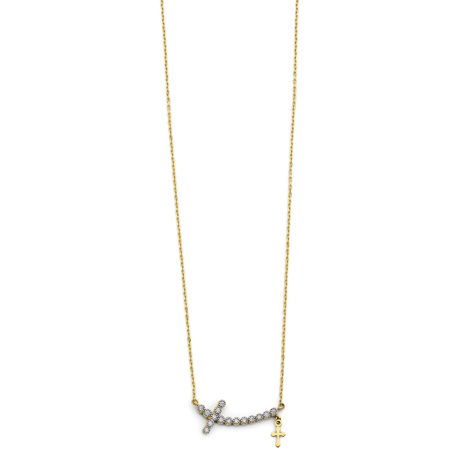 14K 2T Double Cross CZ Necklace
