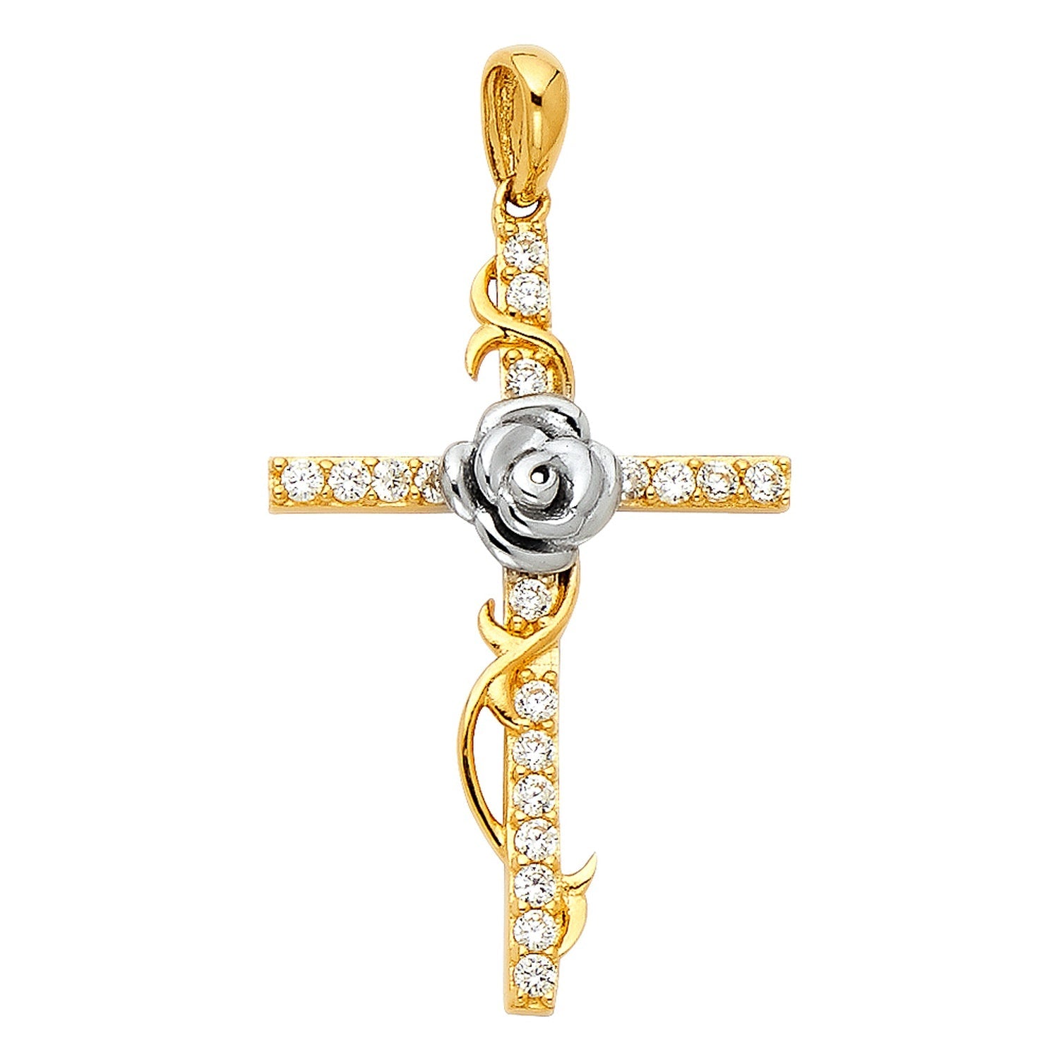 14K 2T CZ CROSS W/ ROSE PENDANT