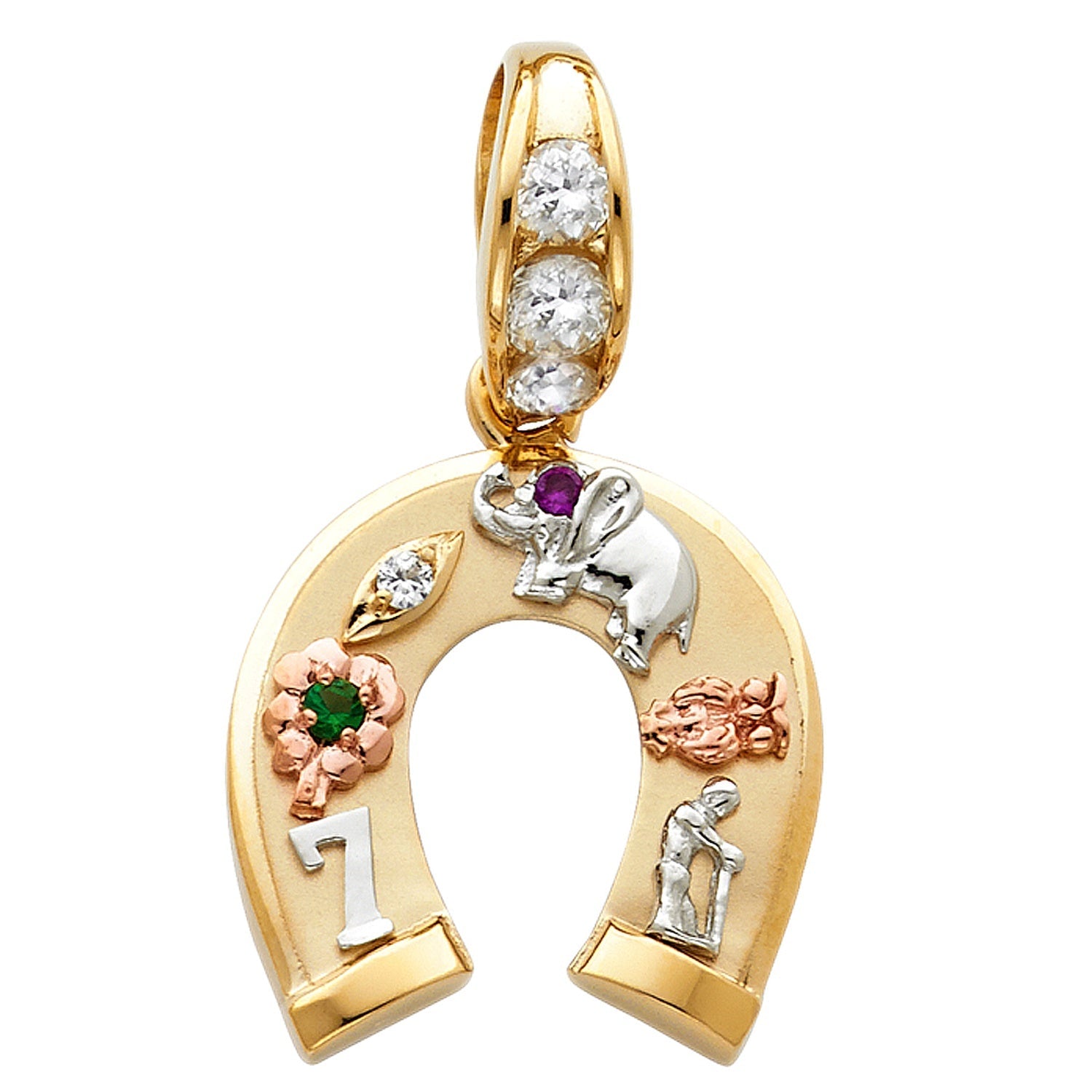 14K 3C CZ LUCKY HORSESHOE PENDANT