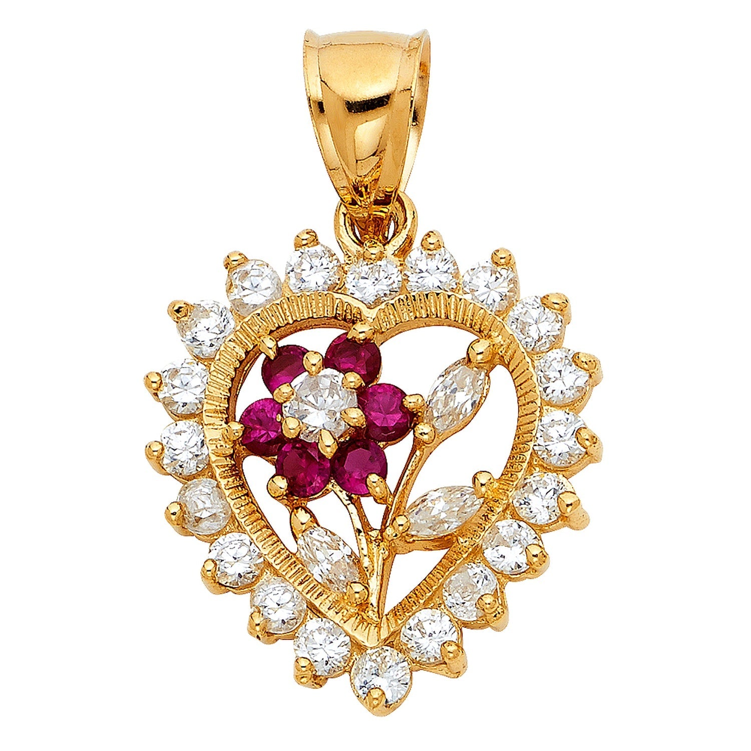 14KY CZ HEART W/ FLOWER PENDANT