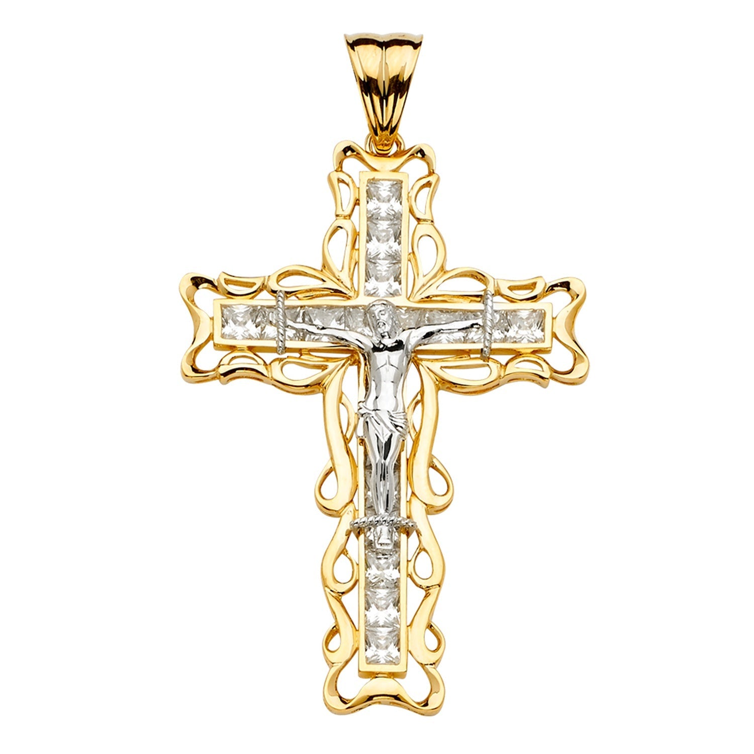 14K 2Tone CZ Crucifix Cross Pendant