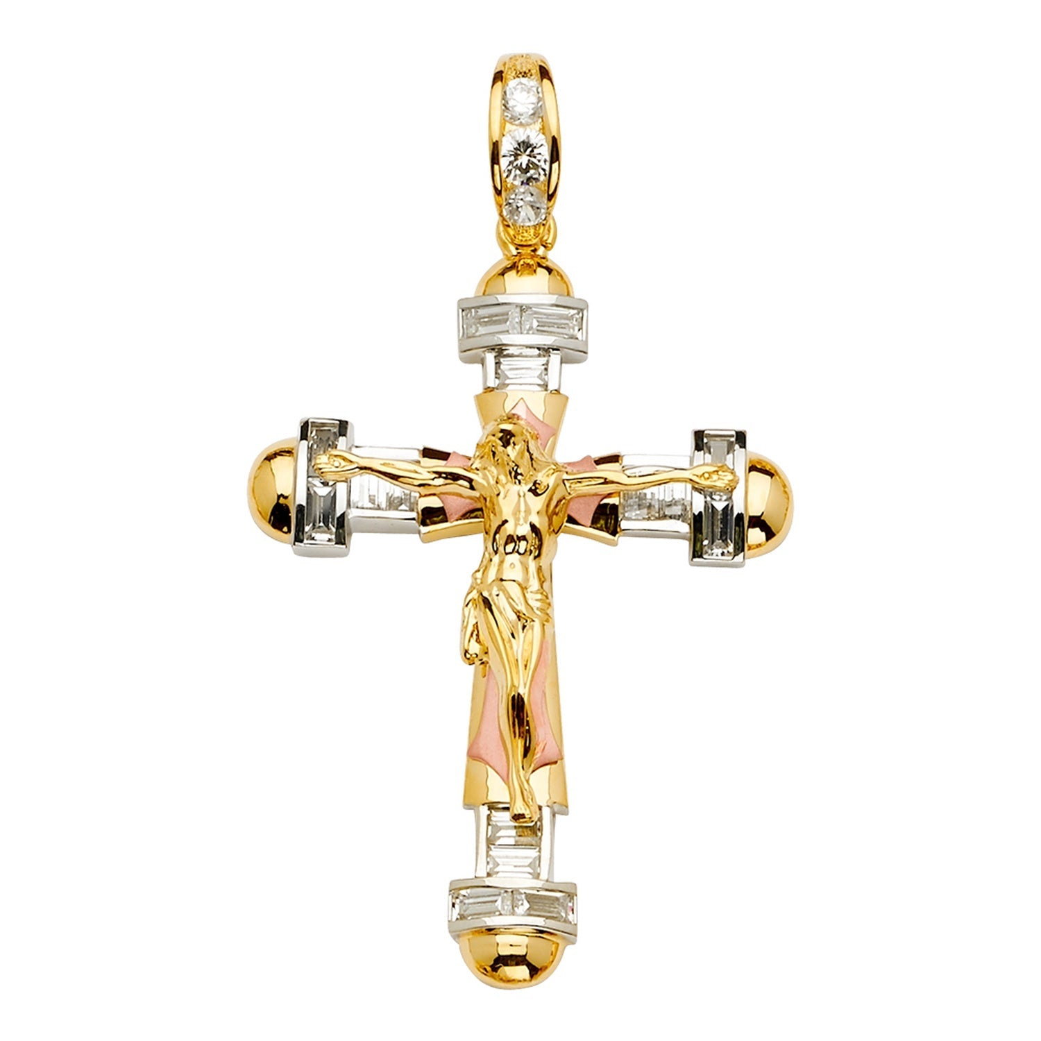 14K 3Color CZ Crucifix Cross Pendant