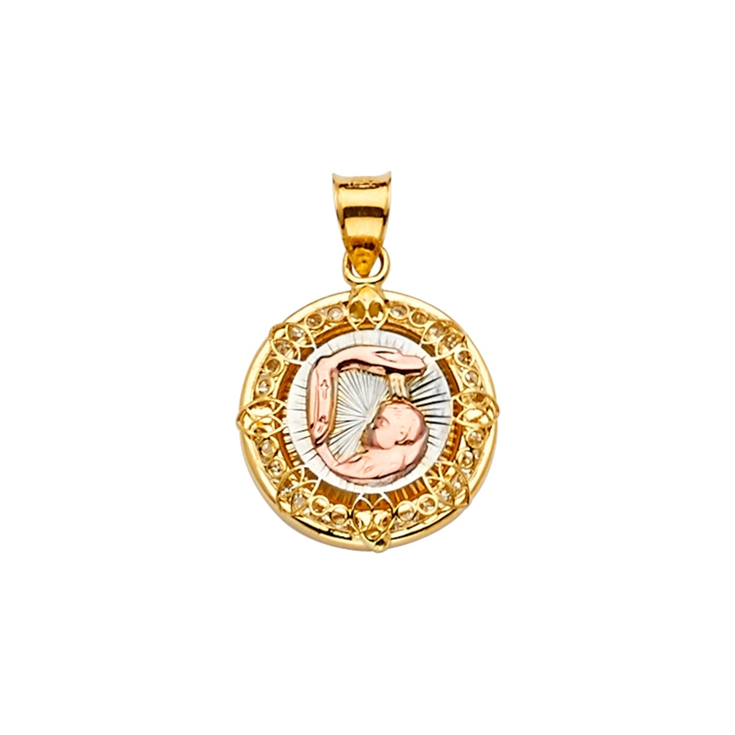 14K 2Tone CZ Baptism Medal Pendant