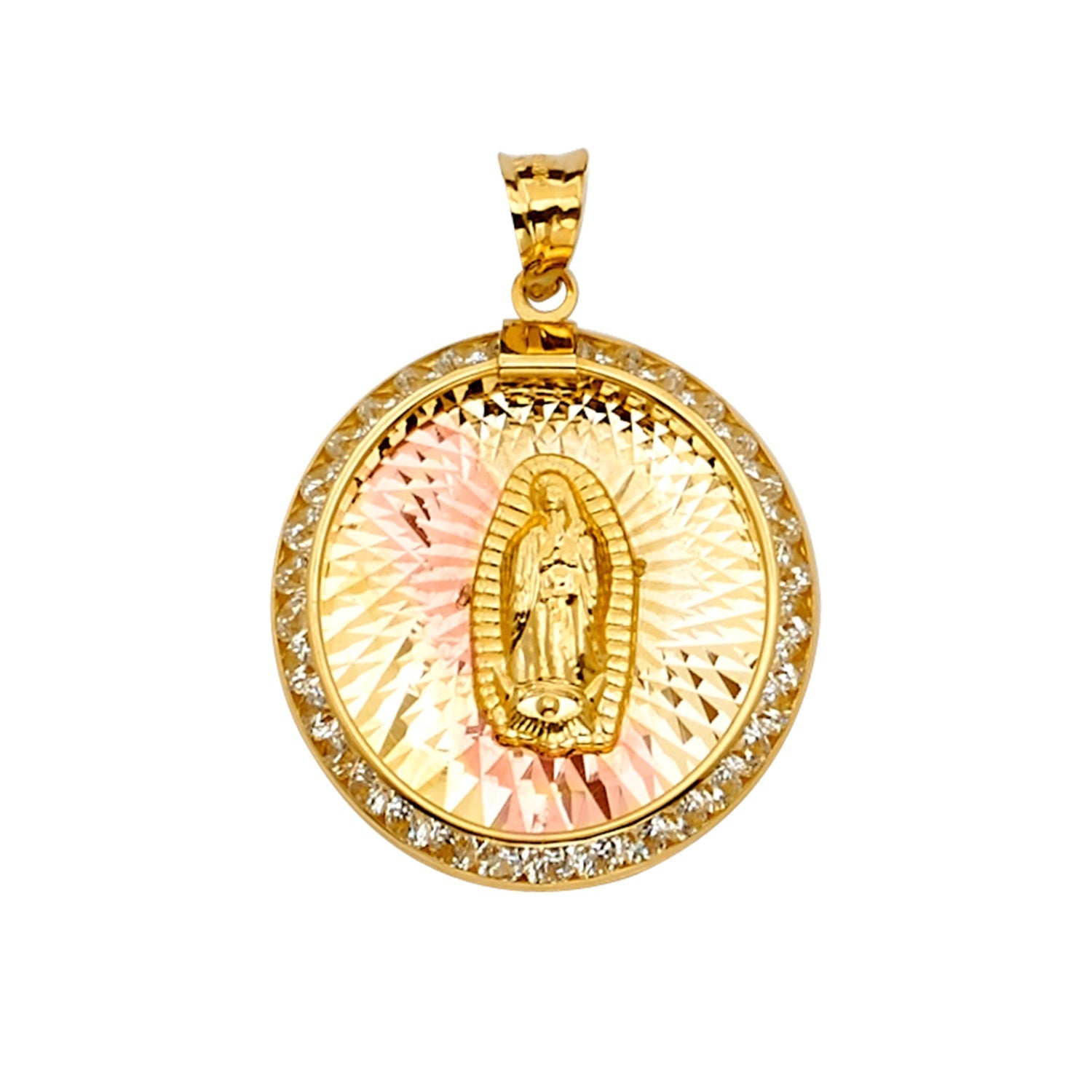 14K 3Color CZ Guadalupe Medal Pendant