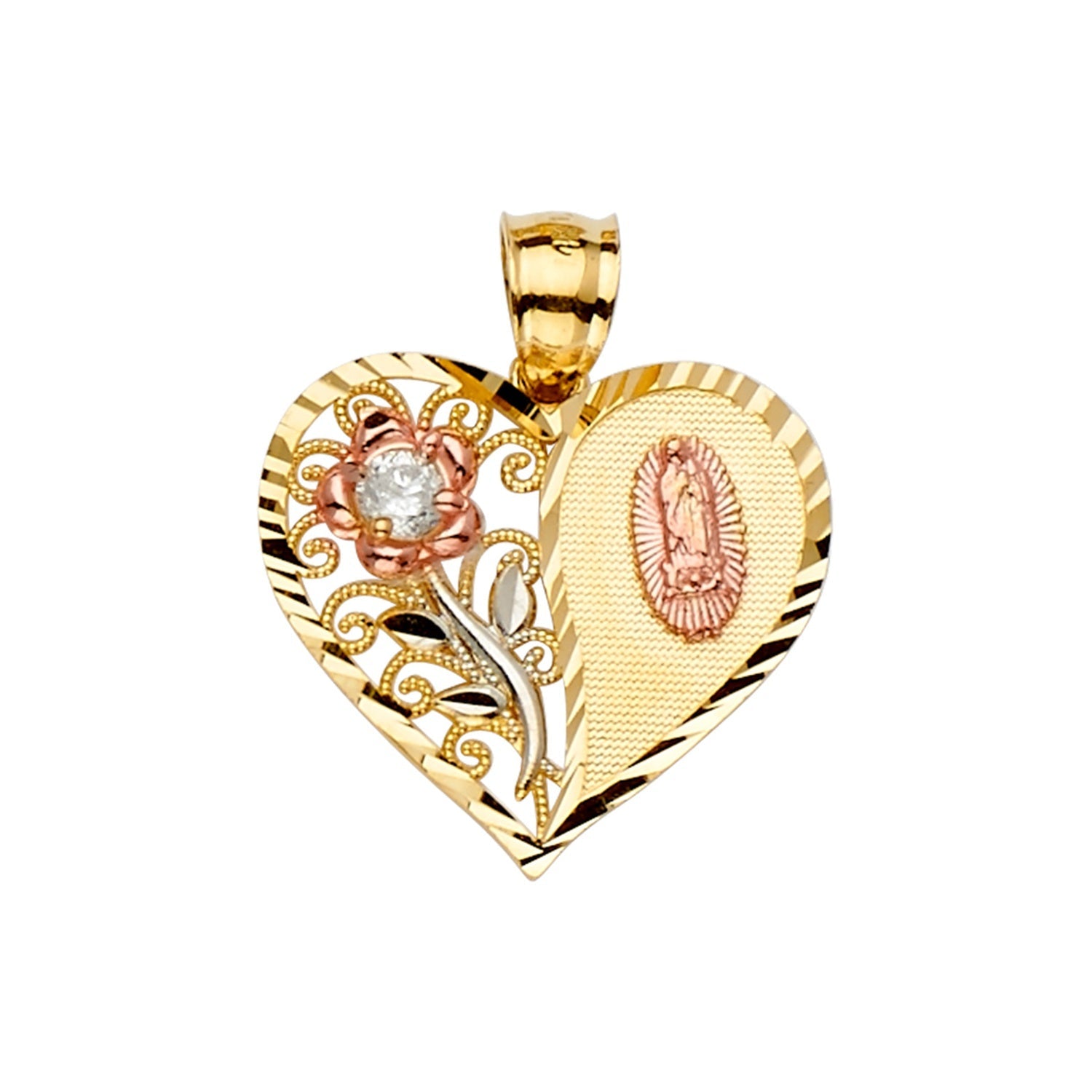 14K 3Color Heart Pendant w/Flower, Guadalupe