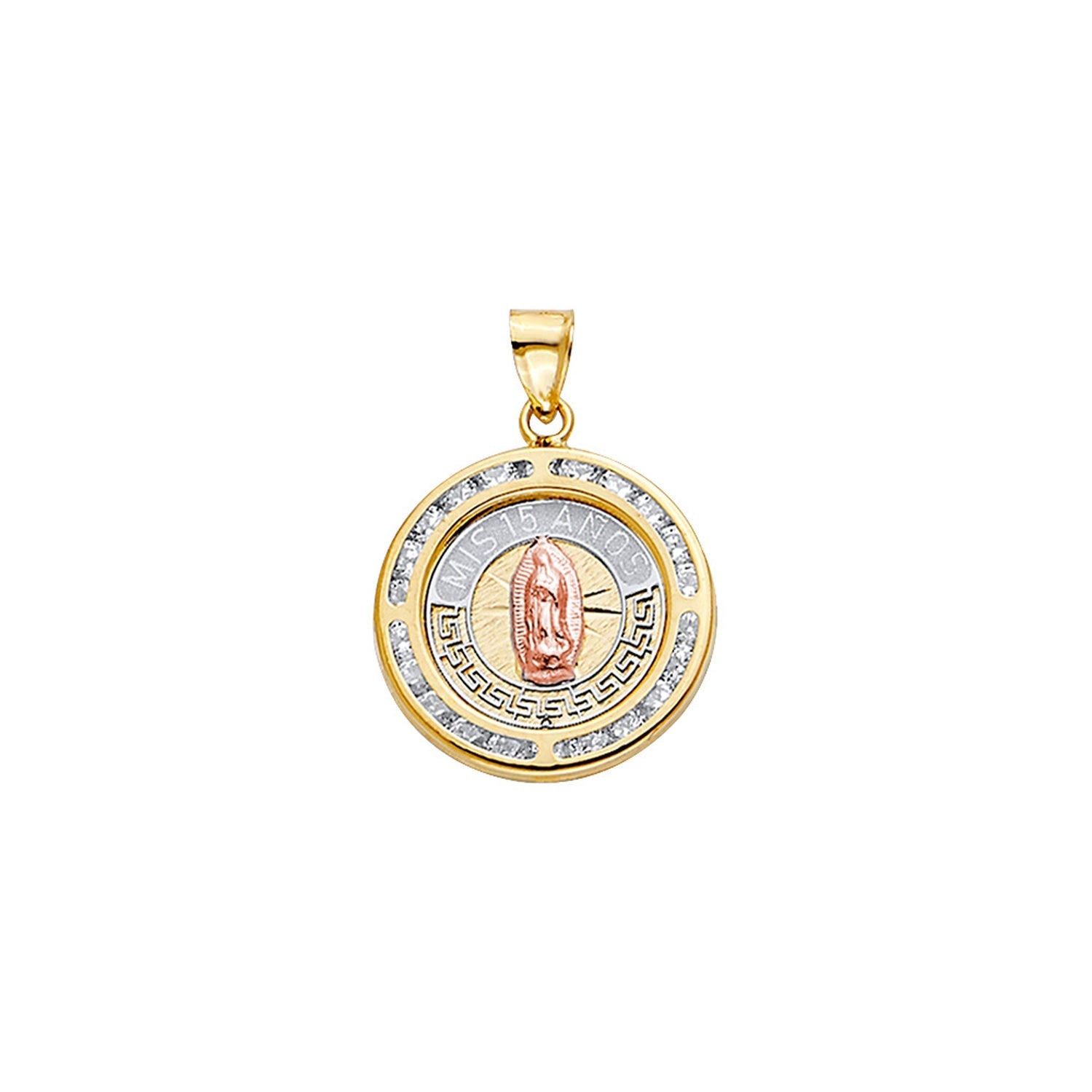 14K 3C CZ Round 15 Anos Pendant w/Guadaupe