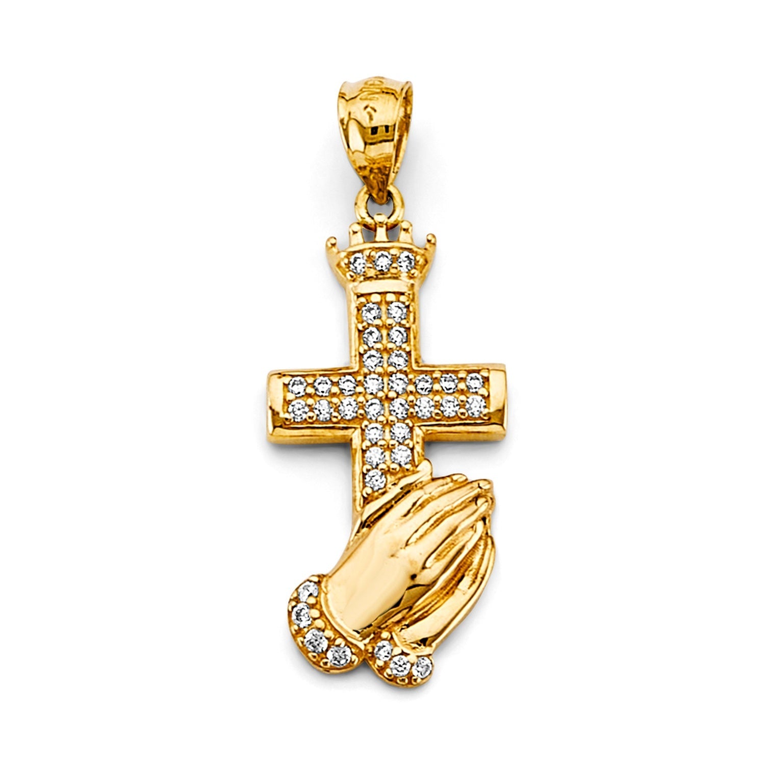 14KY CZ Praying Hand w/ Cross Pendant
