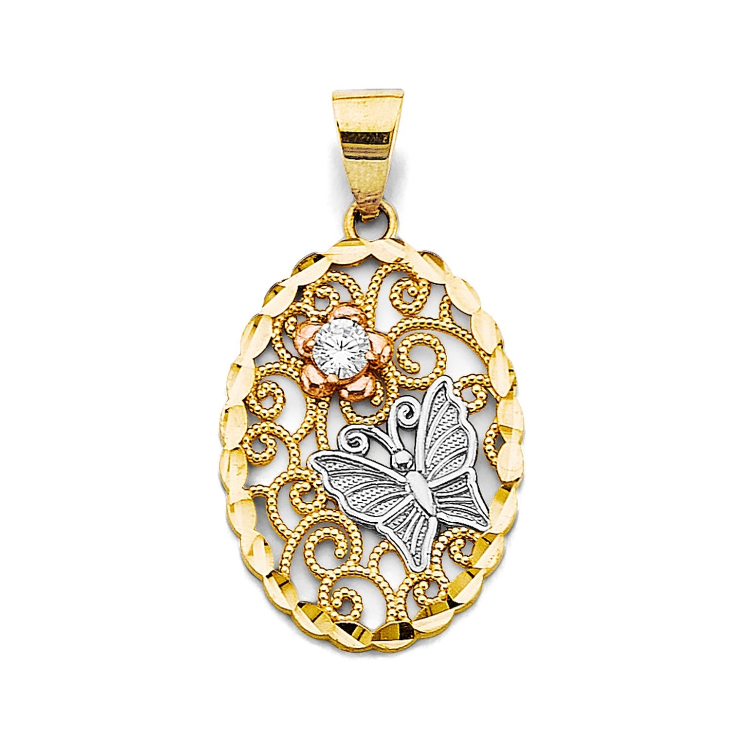 14K 3C CZ Oval Pendant w/ Butterfly