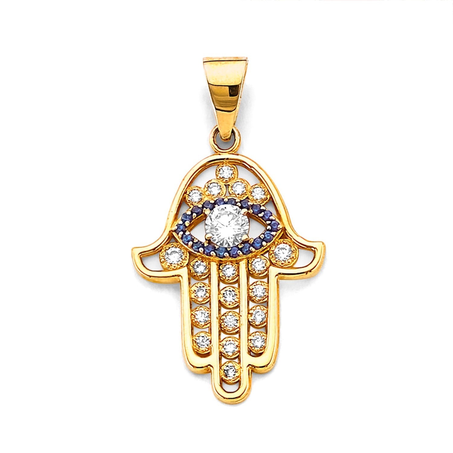 14KY CZ Hamsa Hand w/ Evil Eye Pendant