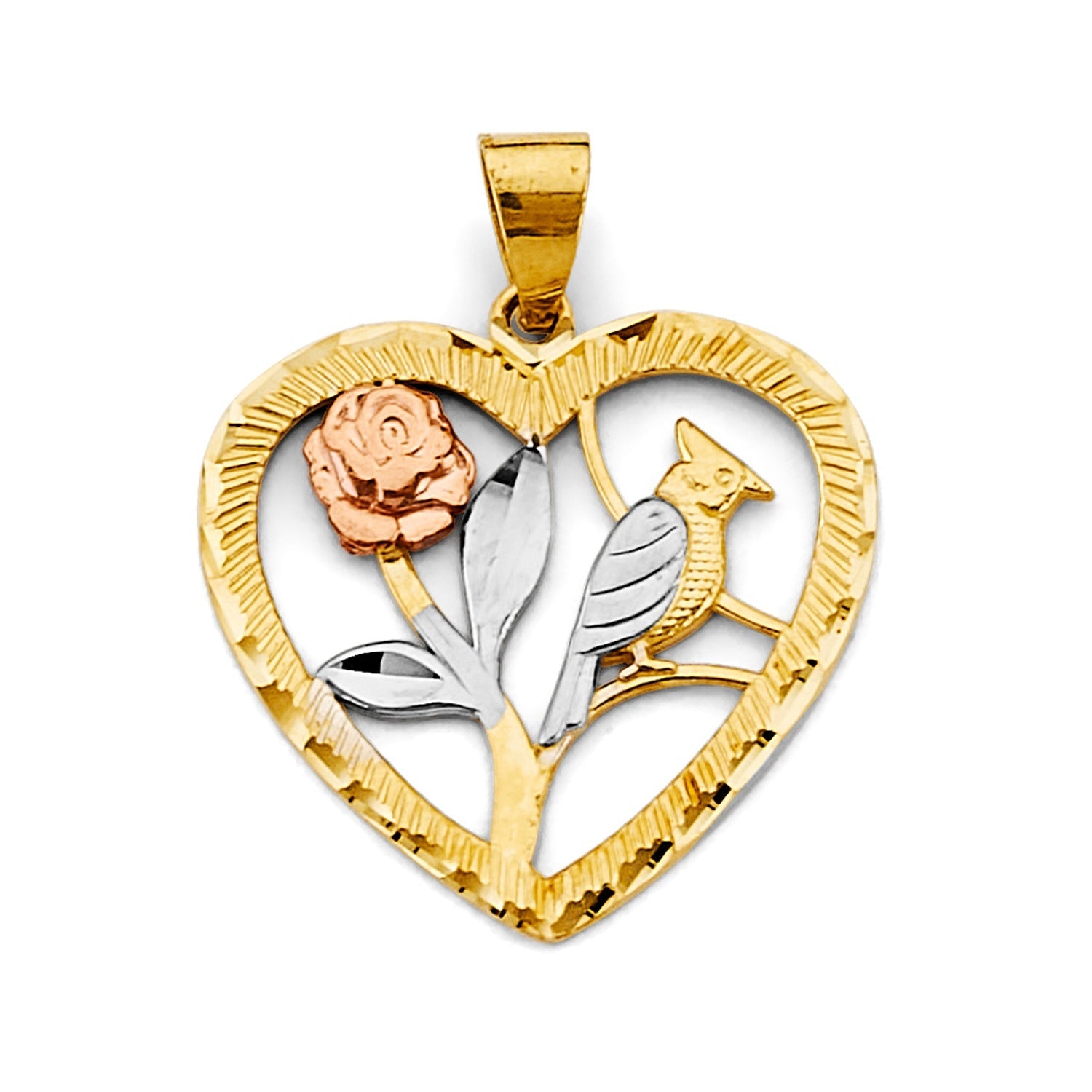14K 3C Heart w/ Flower & Bird Pendant