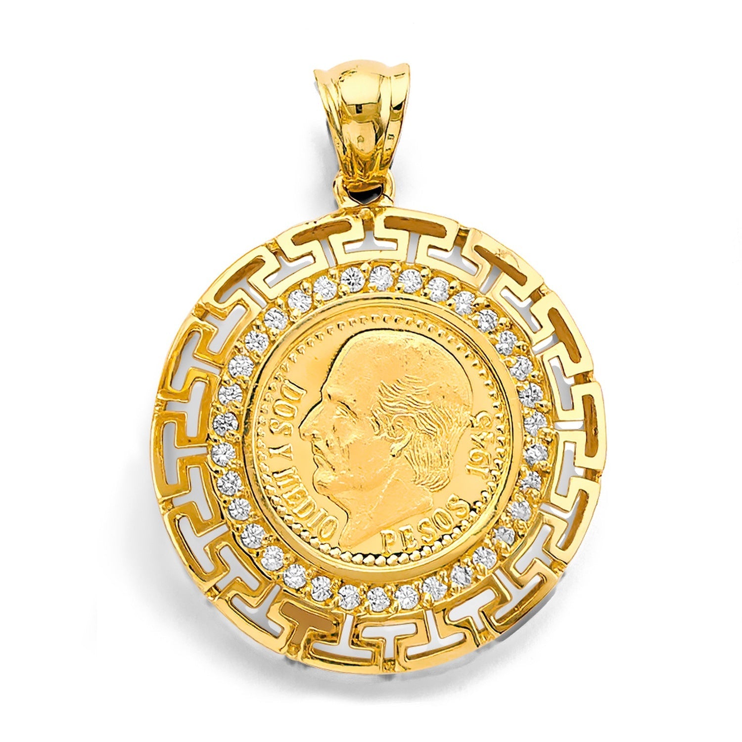 14KY CZ Greek 2.5 Pesos Coin Pendant / Set