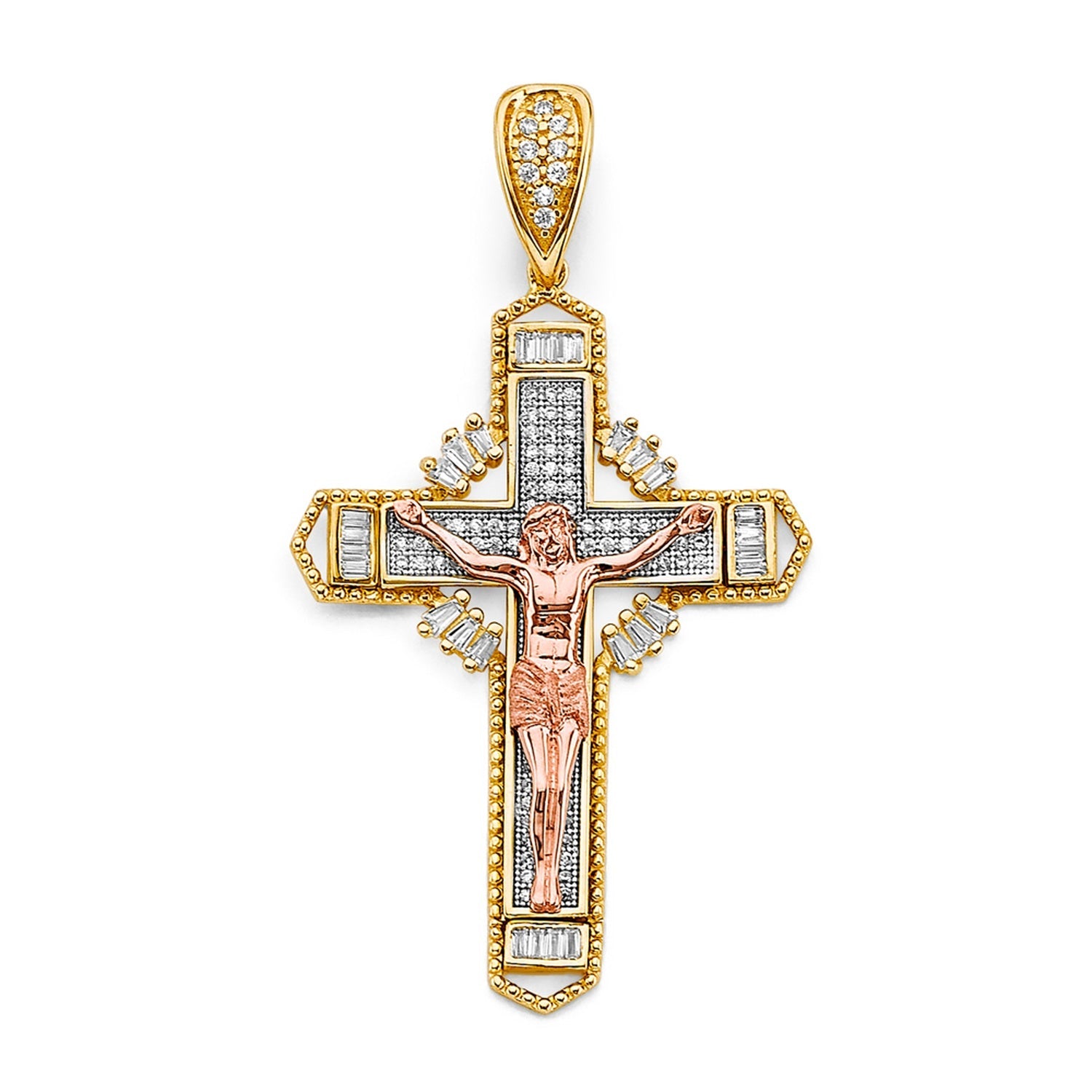 14K 3C CZ Crucifix Cross Pendant