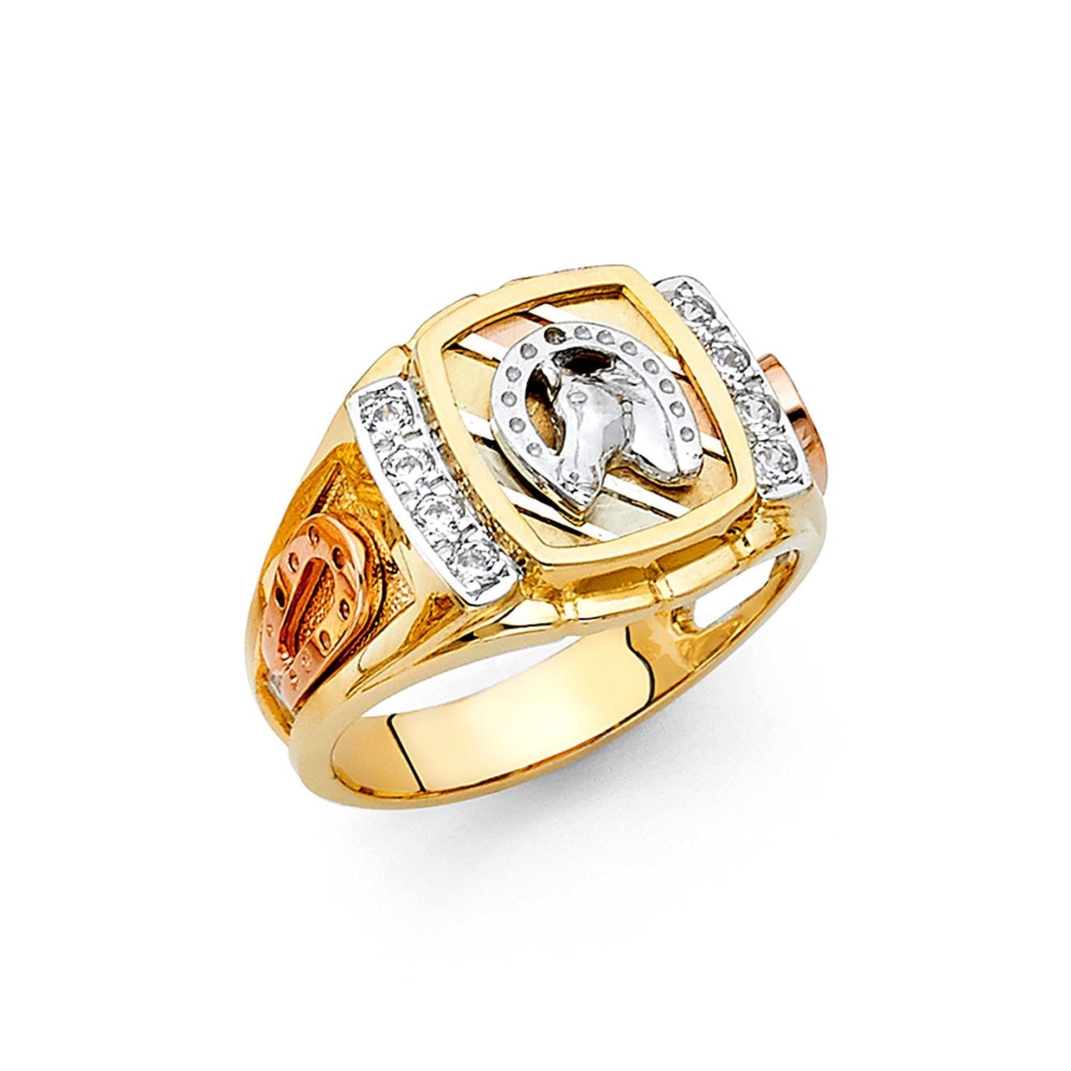 14K 3C CZ LUCKY HORSE SHOE MENS RING