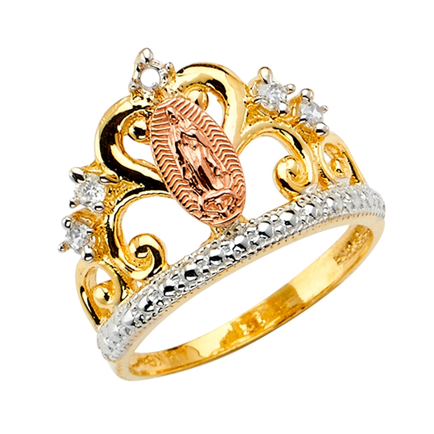 14K 3C GUADALUPE CROWN CZ RING