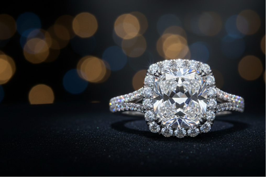 Diamond ring on the right side with a blurred dark background