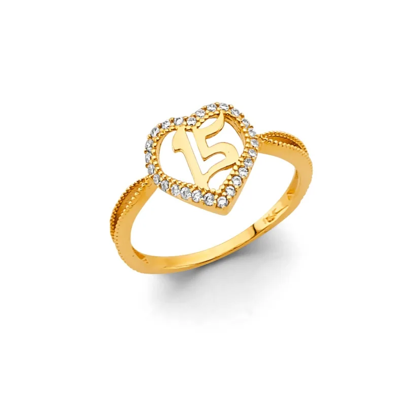 14KY CZ Heart 15 Years Ring