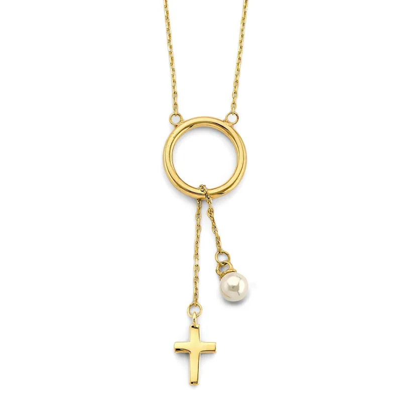 14KY Circle Neck with Hanging Cross & Pearl