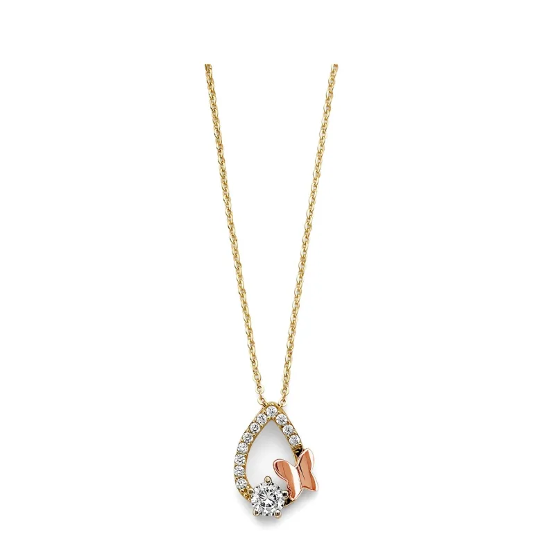 14K 2C CZ Tear Drop with Butterfly Neck