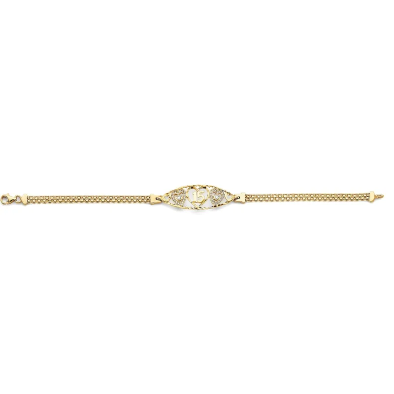 14K 2T CZ 15 Years ID Bracelet