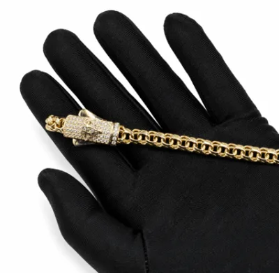 14KT Gold Bracelet Hollow Crown Chino with White CZ Stones and Plain Diamond Shape Emblem on Designer Style Lock 7mm