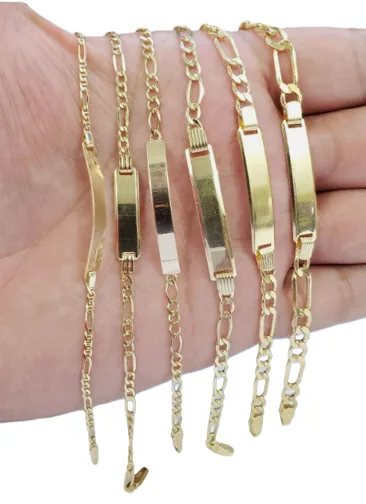 14KT Gold Bracelet Solid Plain Figaro Band with Plain Name Plate 4mm