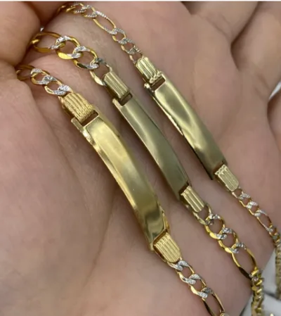 14KT Gold Bracelet Solid Two Tone Figaro Band with Plain Name Plate 4mm