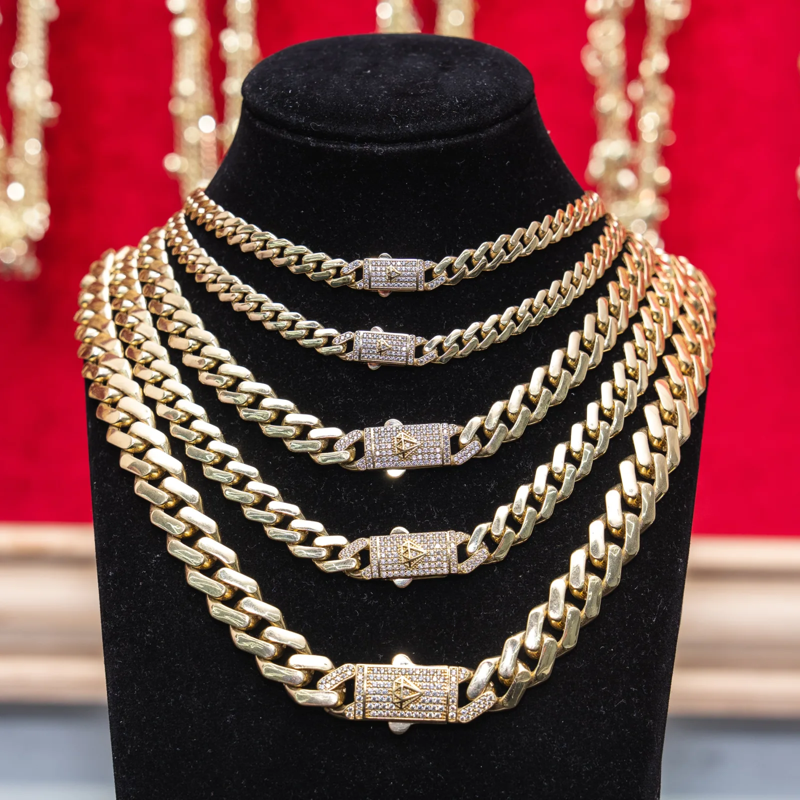 14KT Gold Chain Hollow Crown Miami Link with Diamond Shape Emblem on White CZ Stones Designer Clasp 10mm