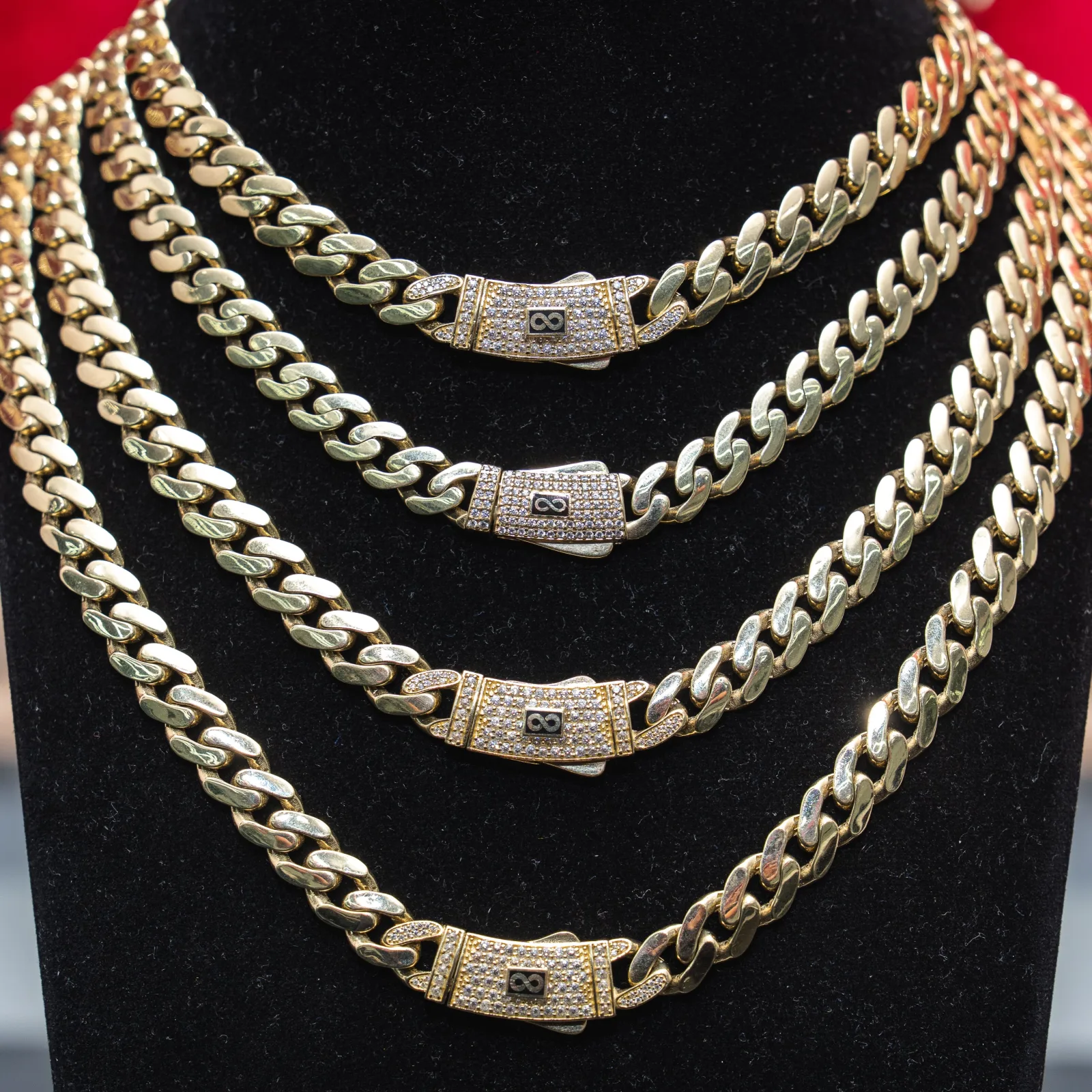 14KT Gold Chain Hollow Crown Miami Link with Infinity Emblem on White CZ Stones Designer Clasp 9mm