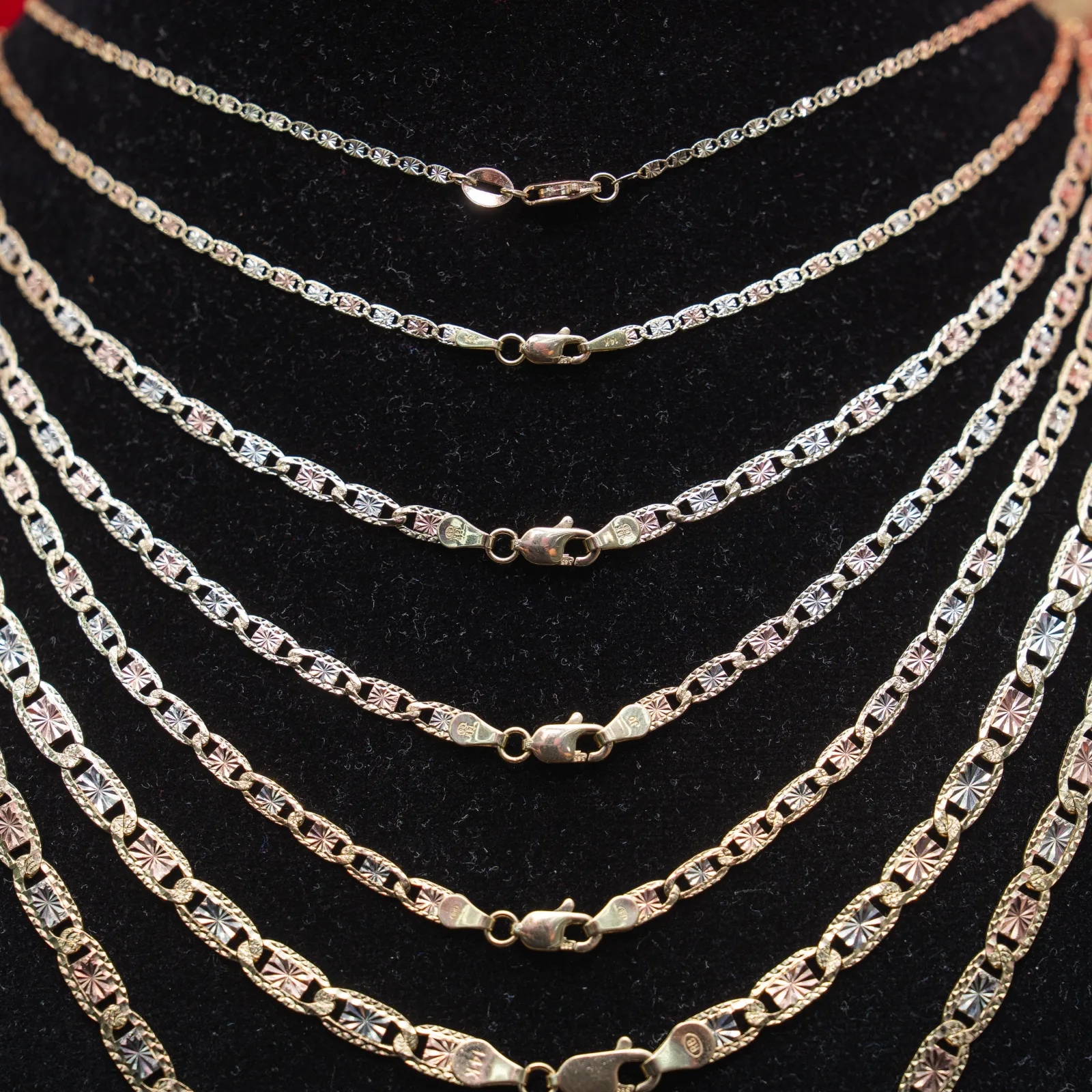 14KT Gold Chain Solid Tri Tone Square Valentino with Diamond Cut Edge and Lobster Clasp 2mm