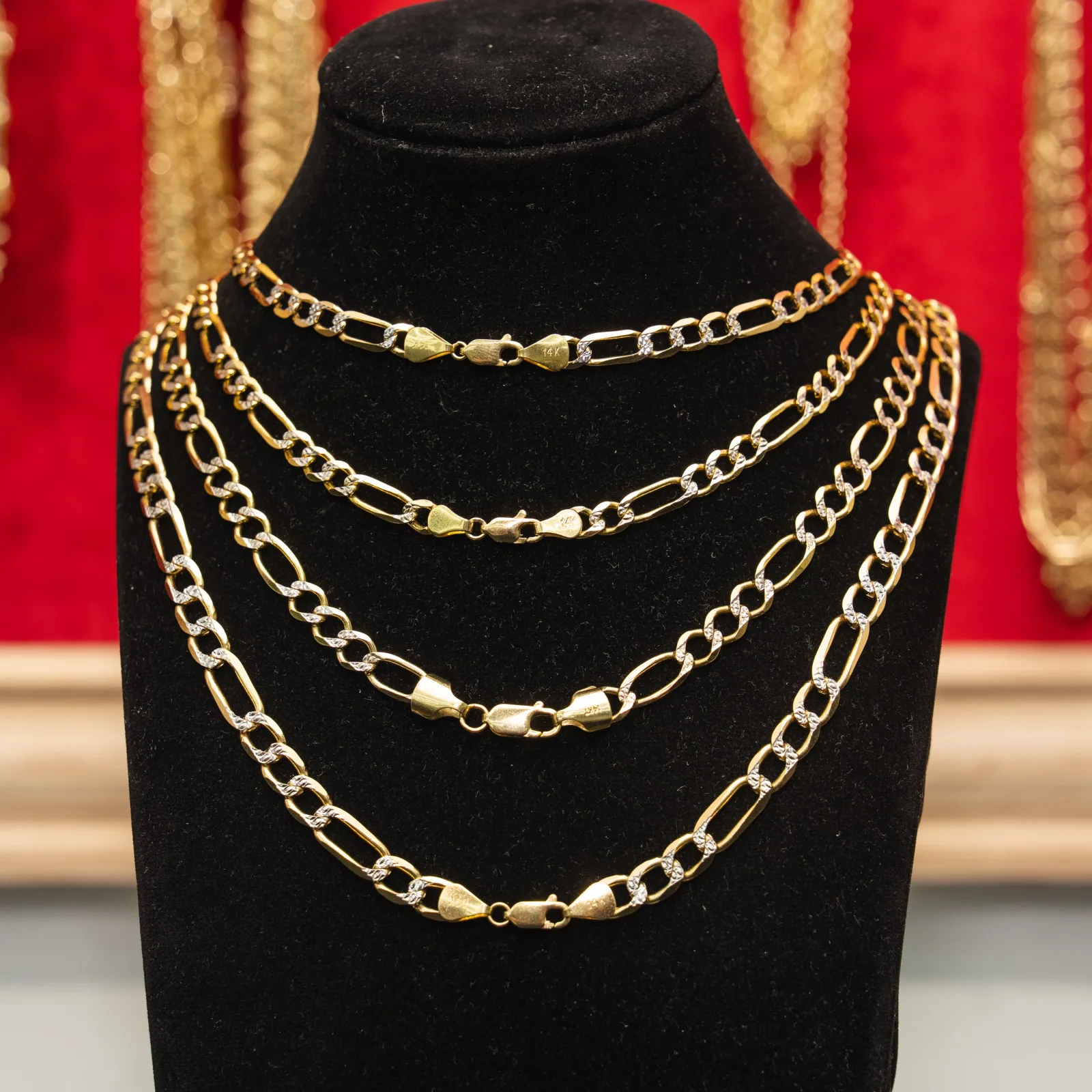 14KT Gold Chain Solid Figaro Pave 7mm
