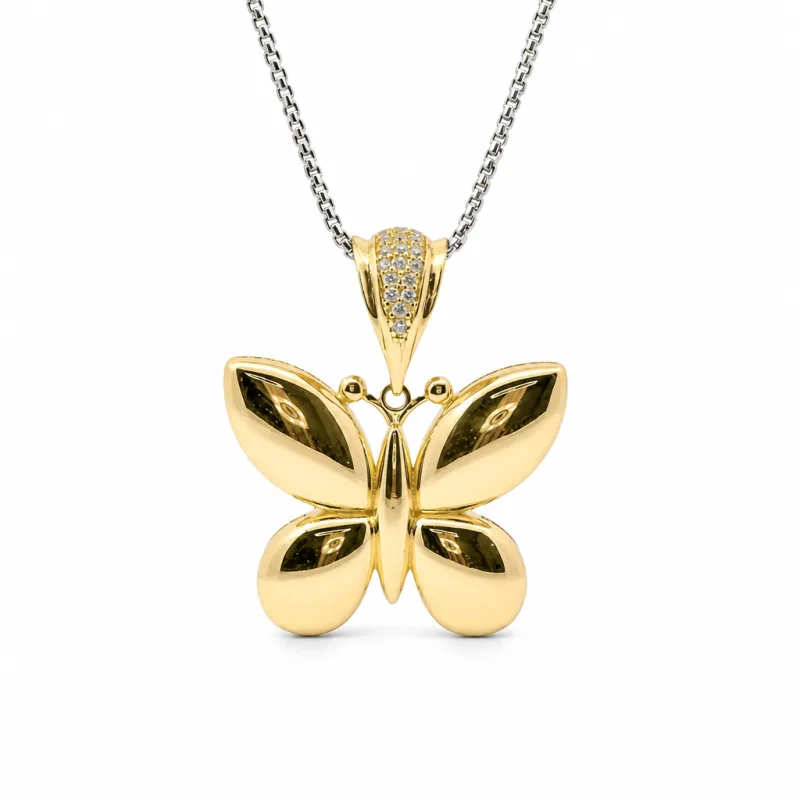 14KT Gold Charm Large 3D Puff Butterfly with Flat Back White CZ Stones Edge and Bell