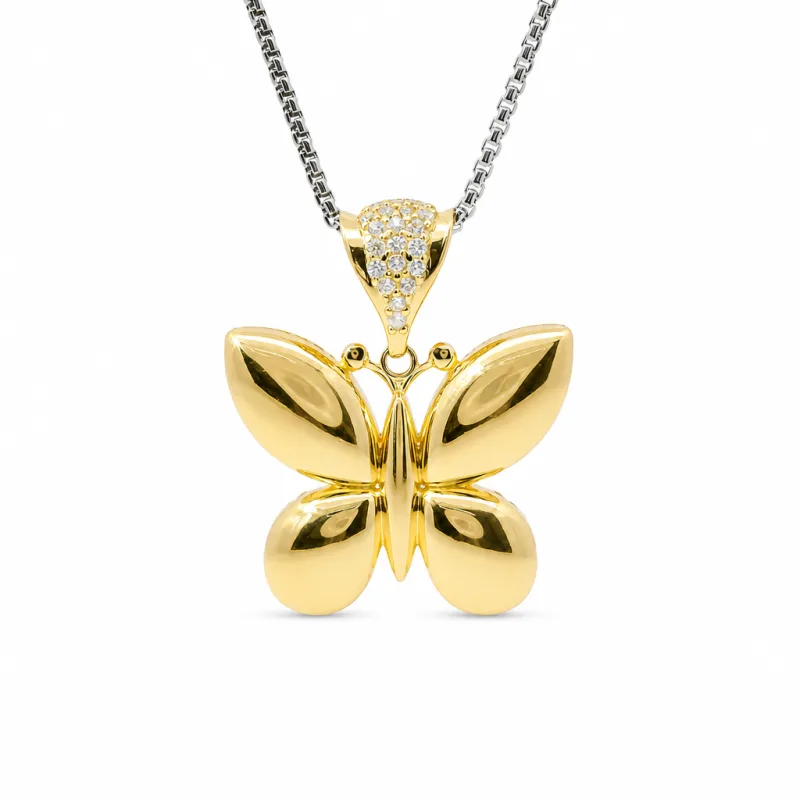 14KT Gold Charm Medium 3D Puff Butterfly with Flat Back White CZ Stones Edge and Bell