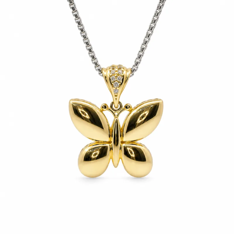 14KT Gold Charm Small 3D Puff Butterfly with Flat Back White CZ Stones Edge and Bell