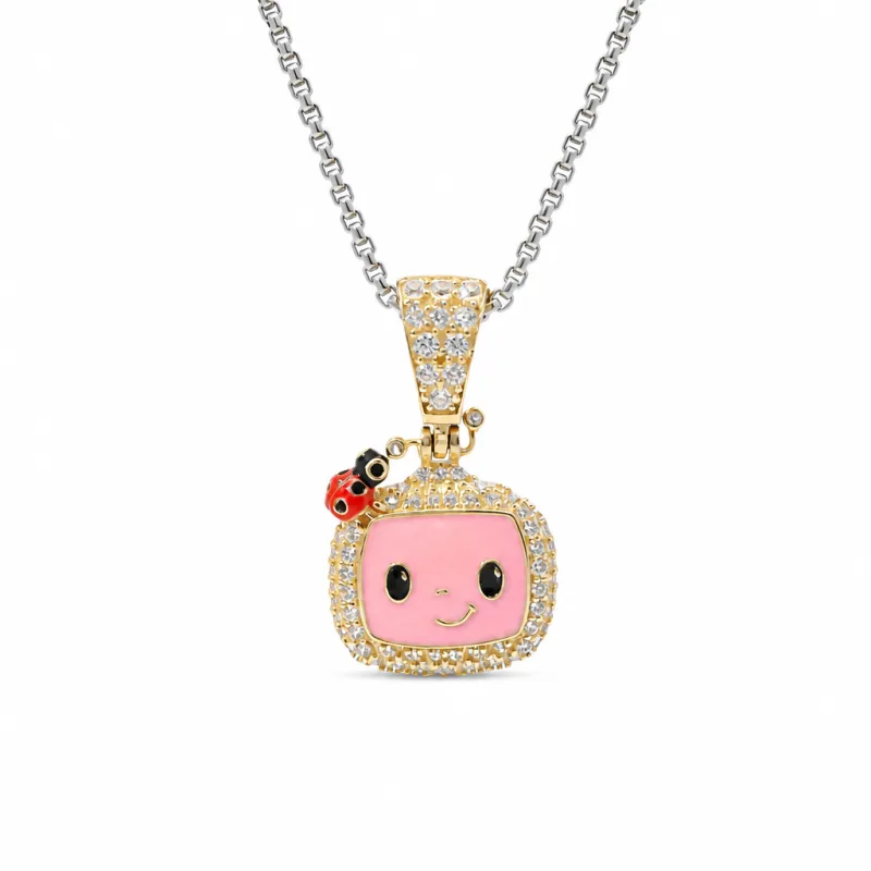 14KT Gold Charm Small 3D Enamel CoCo Melon Face Flat Back with White CZ Stones Border and Bell