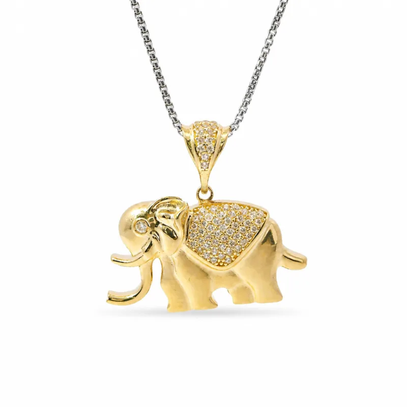 14KT Gold Charm Medium 3D Puff Elephant with Flat Heart Cut Out Back, White CZ Stone Eye, White CZ Stones Blanket and Bell